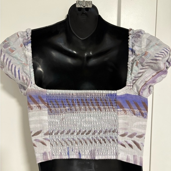 Aritzia Wilfred Linen Crop‎ Smocked Purple Puff-sleeve Top Women's Size XXS - Picture 5 of 14
